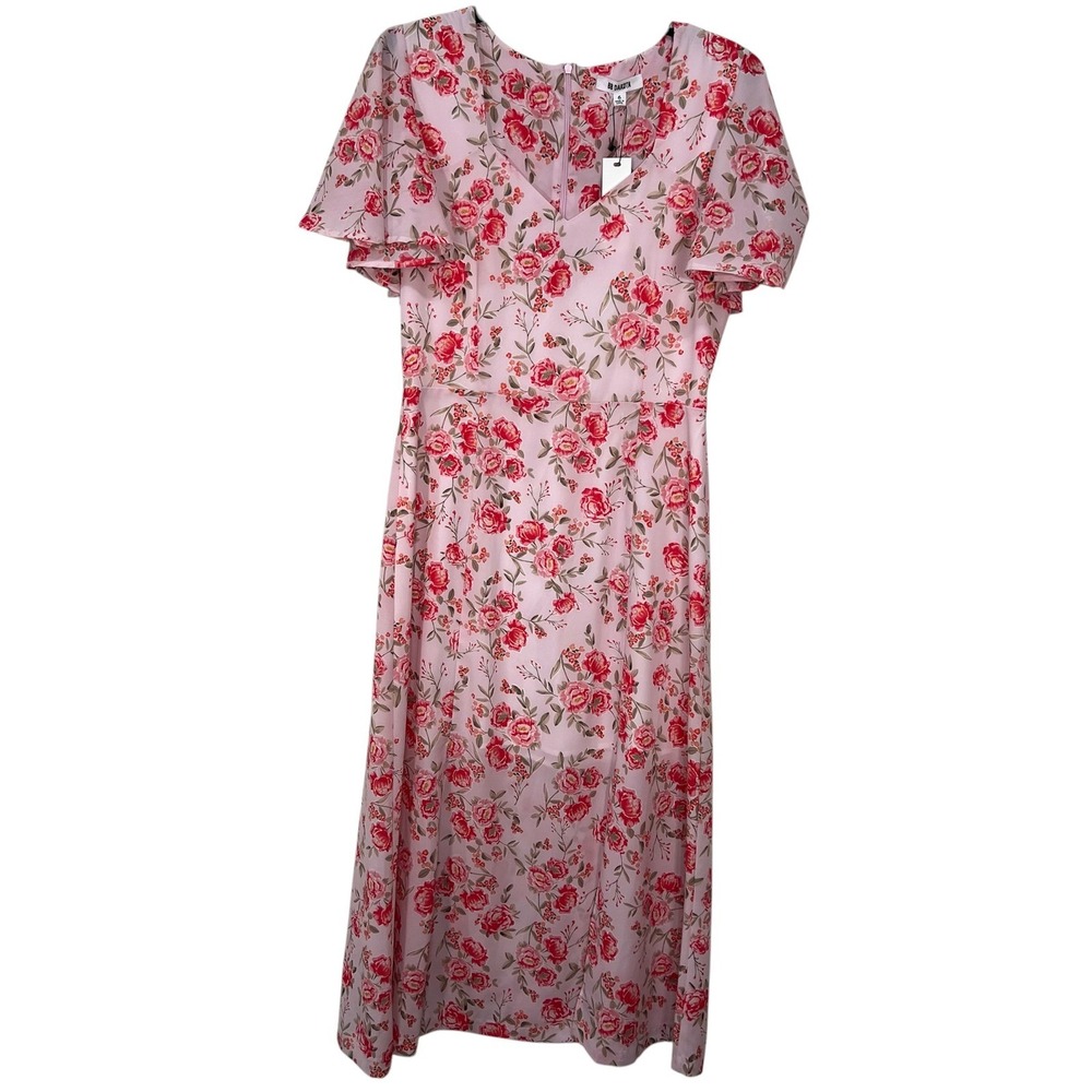 Cottagecore Floral Midi Dress Pink Romantic Flutter Sleeve Slit Size 6 BB Dakota